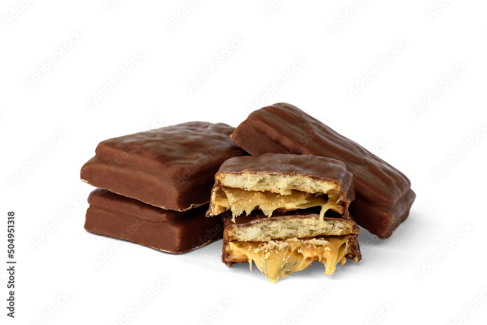 Chocolate dessert with cookie and caramel isolated on white background. Chocolate dessert with cookie and caramel isolated on white background.