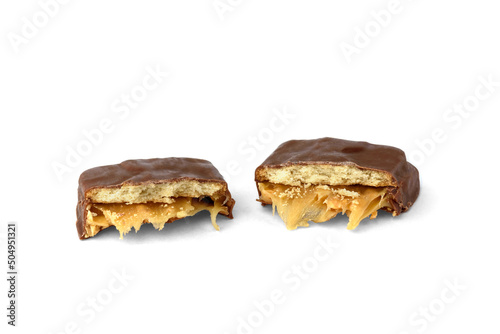 Chocolate dessert with cookie and caramel isolated on white background.
