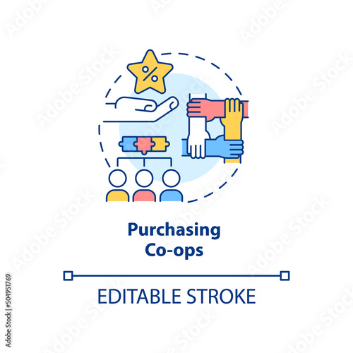 Purchasing co-ops concept icon. Providing better products and lower prices abstract idea thin line illustration. Isolated outline drawing. Editable stroke. Arial, Myriad Pro-Bold fonts used