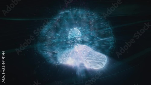 Wifeframe of 3D Animation of Digital Hologram of Human Brain with Luminous Lightened Pulses, Rotating on Blue Background with Splashes Lines. Cortex. Artificial Intelligence. Neuronal Activity