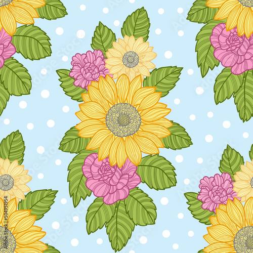 Seamless pattern with sunflower flowers and leaves on a striped background. Summer theme. For fabric design, wallpapers, backgrounds, wrapping paper, scrapbooking. Vector