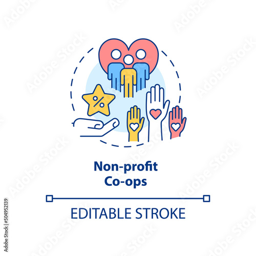 Non-profit co-ops concept icon. Nonprofit organization members abstract idea thin line illustration. Charitable purpose. Isolated outline drawing. Editable stroke. Arial, Myriad Pro-Bold fonts used