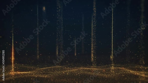 Close up of Golden Shining Sparkles Raising from Bright Dusting Surface on Dark Background making Rain in Mmagic Copyspace. Futuristic Glittering Movement. Abstract Background. Amimation 4K