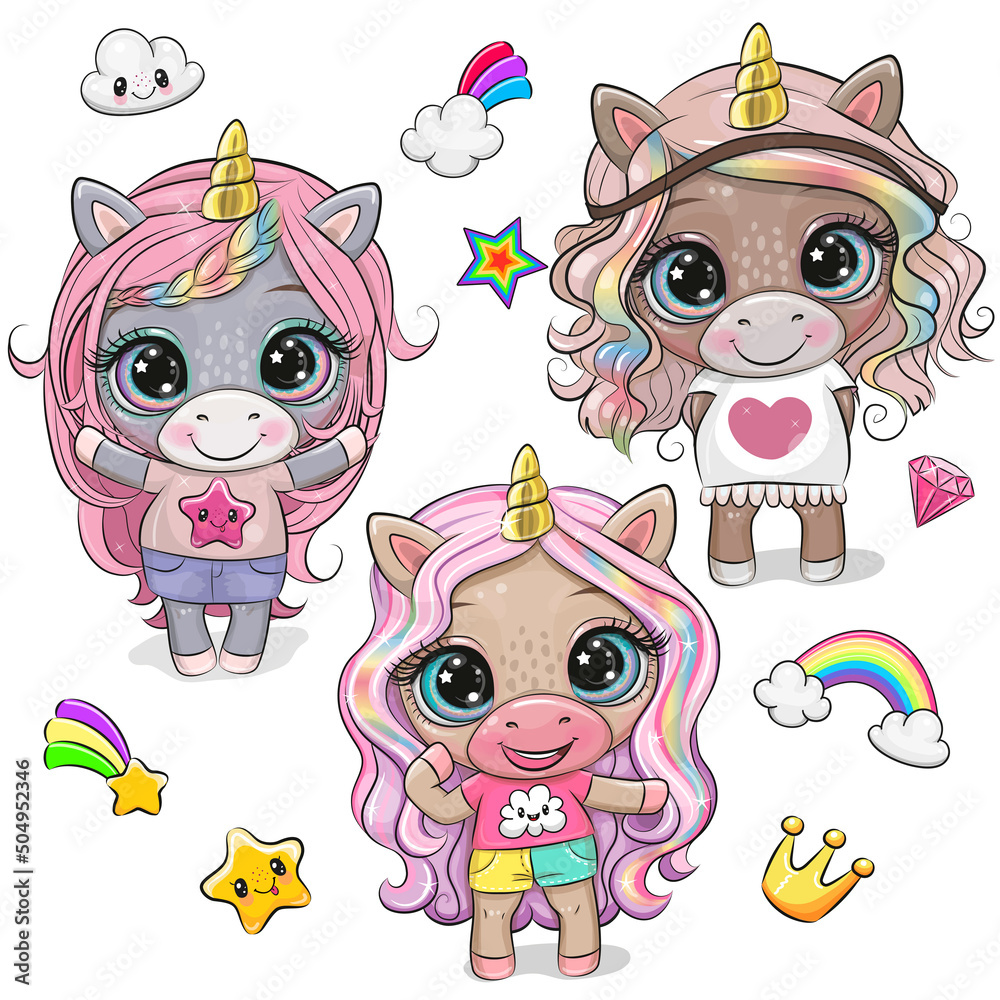 Cartoon Unicorns in clothes and with long hair - obrazy, fototapety, plakaty 