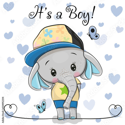 Cartoon Elephant with a blue cap on a heart background