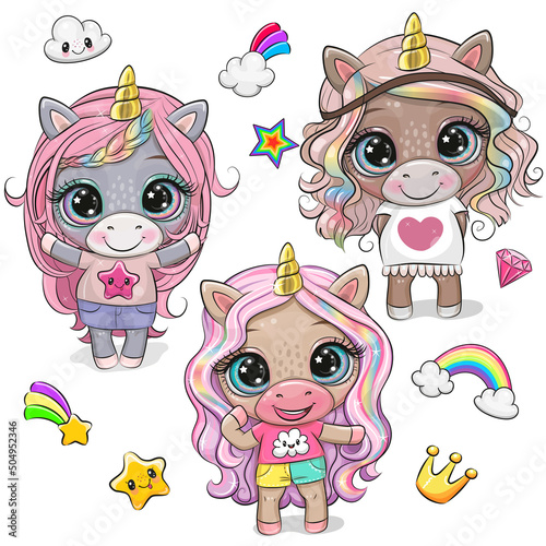 Cartoon Unicorns in clothes and with long hair
