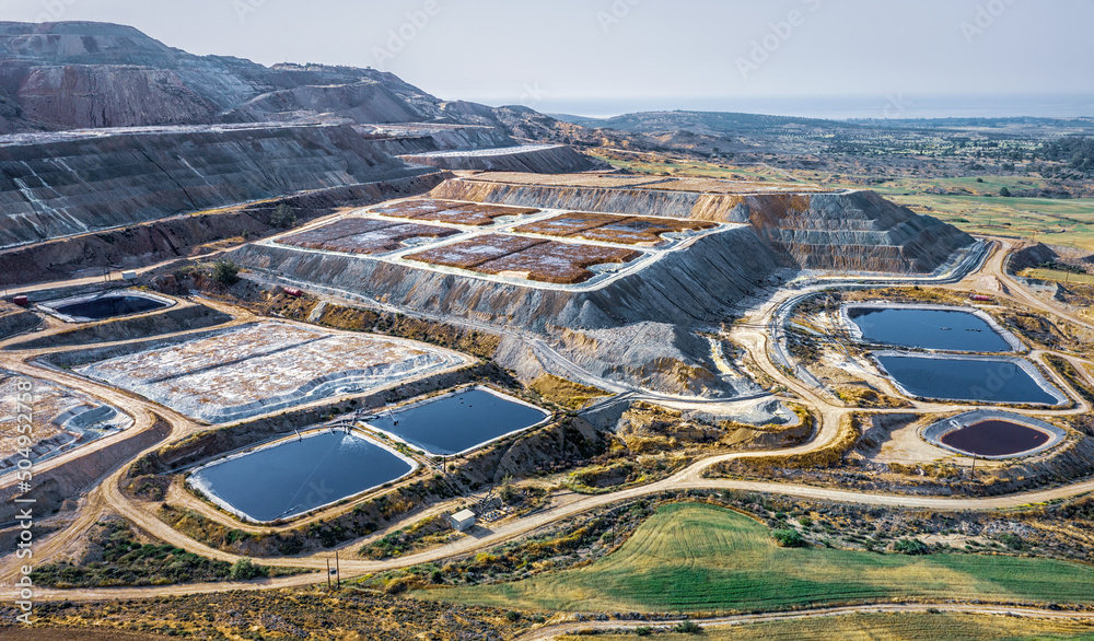 Copper ore processing at Skouriotissa mine in Cyprus. Industrial landscape - obrazy, fototapety, plakaty 