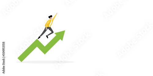 Growth and wealth concept. Businessman jumping on the green upper graph on white background. Burish market, profit of wealth, high-risk high return, business growth up.