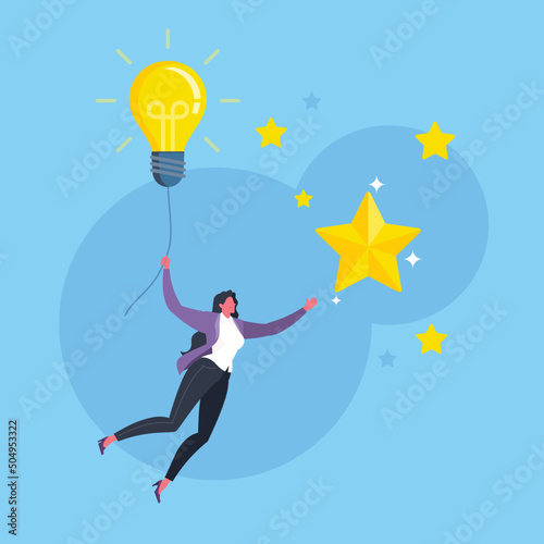 Strategic goals for business, mission accomplishment, success with ideas or great idea to achieve target concept. Businesswoman holds a flying light bulb to reach the golden star in blue scene.