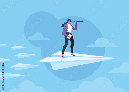 Searching for opportunities, business opportunity, vision or leadership concept. Businesswoman is looking through monocular telescope and standing confidently on flying paper plane in blue scene.