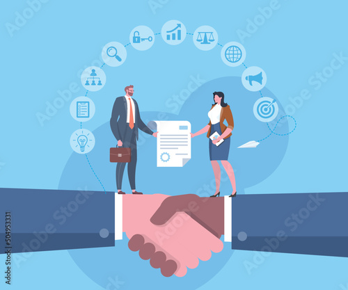 Business agreement, the best deal or success with the great partner concept. Business people are standing on giant handshake with a business contract agreement and business icons in blue scene.