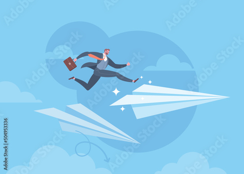 Business transformation, changing strategy, improvement, realignment in business operations or new normal concept. Businessman is jumping to the new paper plane in blue background.