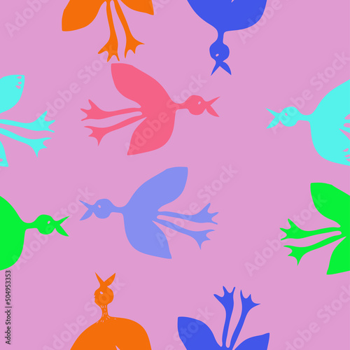 Seamless stylized colored birds. Hand drawn.