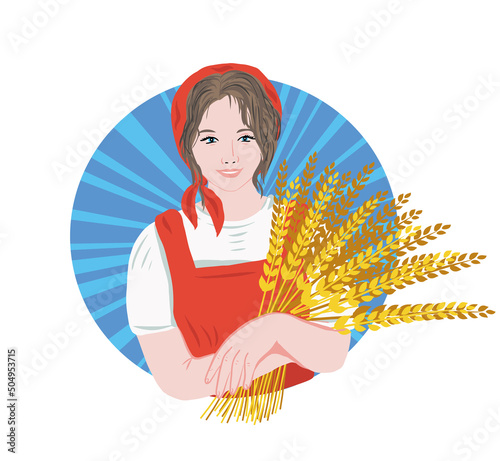 Farmer girl woman with wheat on sky background logo hand drawn.Vector illustration.