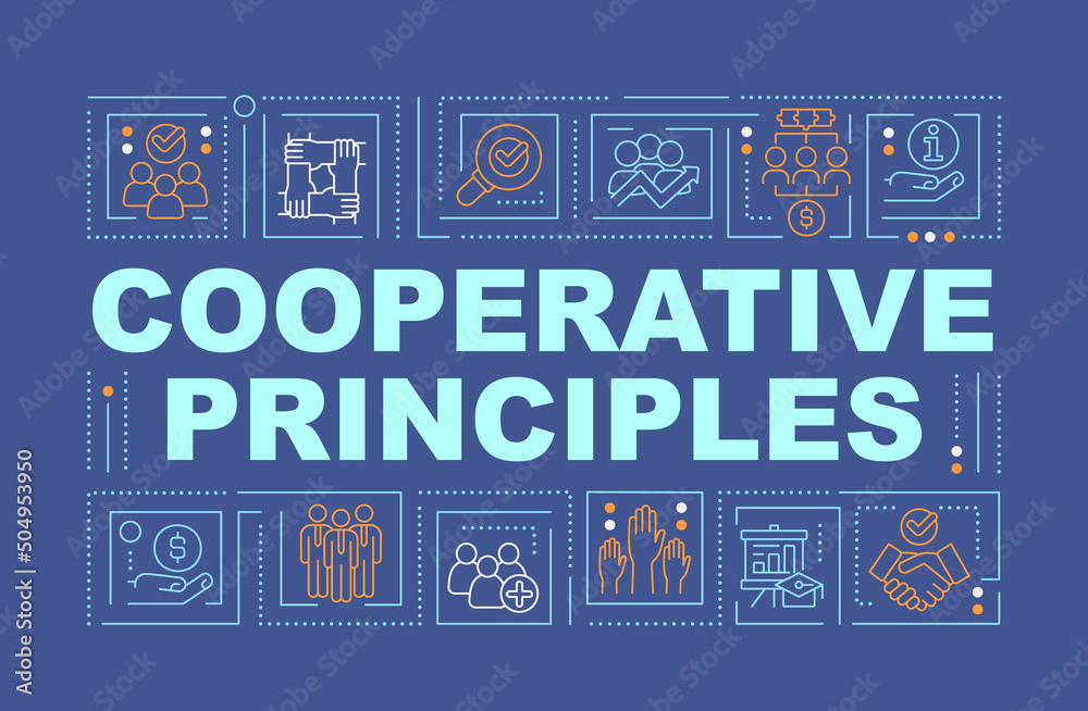 Cooperative work principles word concepts dark blue banner. Business company. Infographics with icons on color background. Isolated typography. Vector illustration with text. Arial-Black font used Cooperative work principles word concepts dark blue banner. Business company. Infographics with icons on color background. Isolated typography. Vector illustration with text. Arial-Black font used