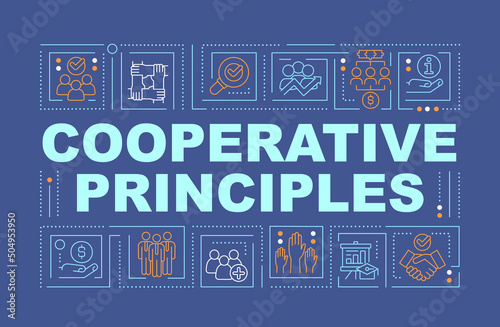 Cooperative work principles word concepts dark blue banner. Business company. Infographics with icons on color background. Isolated typography. Vector illustration with text. Arial-Black font used
