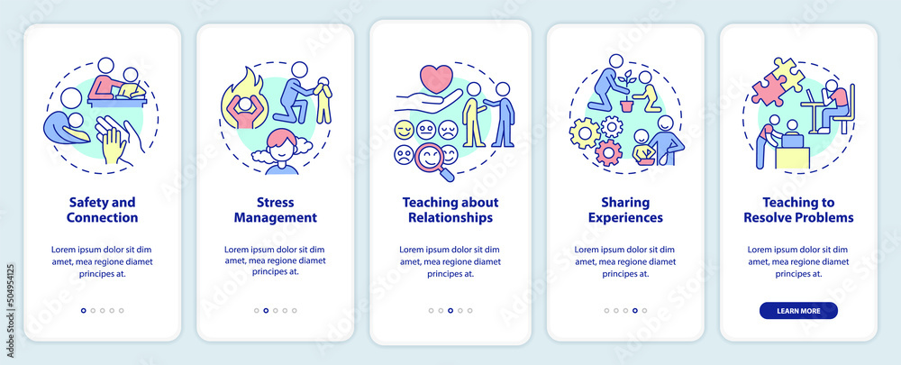 Family relationships importance onboarding mobile app screen. Walkthrough 5 steps graphic instructions pages with linear concepts. UI, UX, GUI template. Myriad Pro-Bold, Regular fonts used