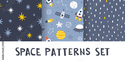 Cute scandinavian space pattern vector set. Collection of cosmic baby seamless prints for textile and fabric.