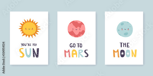 Kawaii planets with smiling faces poster collection. Set of planetary prints with lettering for nursery wall art.