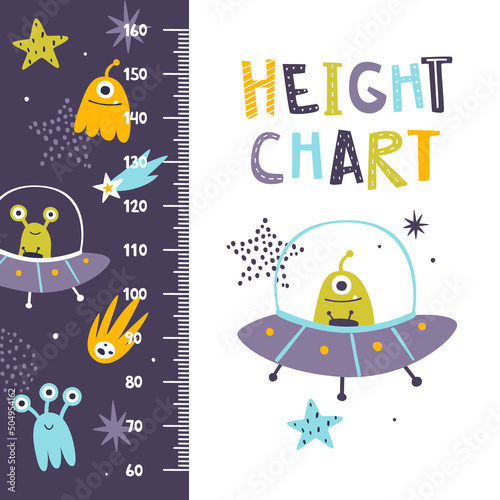 Space height chart with aliens for nursery. Cosmic adventure kids ruler. Cute stadiometer for baby room.