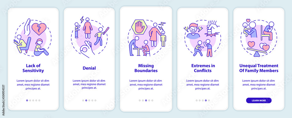 Features of dysfunctional families onboarding mobile app screen. Walkthrough 5 steps graphic instructions pages with linear concepts. UI, UX, GUI template. Myriad Pro-Bold, Regular fonts used