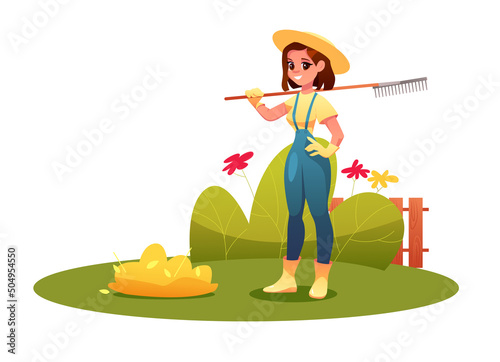 Young woman farmer holding rake in the garden. Female cartoon character picking leaves. Vector cute Illustration.