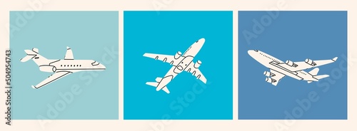 Airplane flying in the sky. Silhouette of passenger plane. Vacation, fast travel, transportation concept. Hand drawn Vector illustrations. Set of three cards. Icon, logo, poster templates