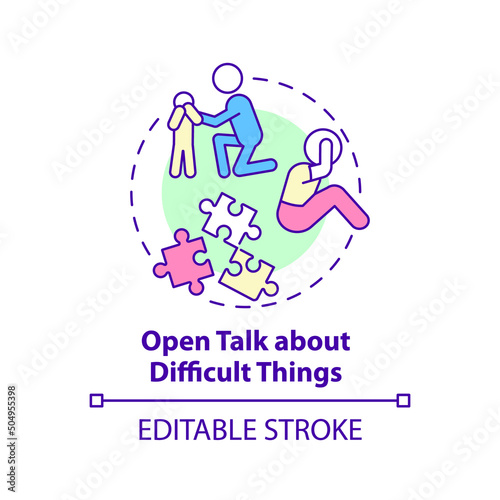 Open talk about difficult things concept icon. Positive communication abstract idea thin line illustration. Isolated outline drawing. Editable stroke. Arial, Myriad Pro-Bold fonts used