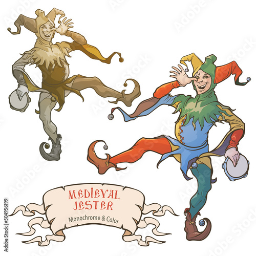 Jester or royal fool dances balancing on one foot making faces and playing tamburine. Medieval gothic style character. Color and monochrome drawing isolated on white background. Vector illustration