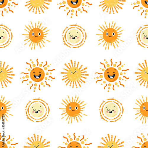 Sun with smile vector repeat pattern for baby design. Cute Sunshine seamless pattern for kids © Anastasia