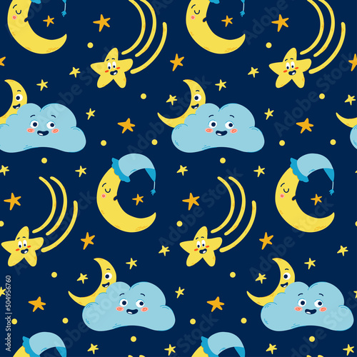 Vector hand-drawn seamless pattern for kids with cute moons and clouds in Scandinavian style. Baby pattern with night sky. Fabric design. Wallpaper. Kids room design.