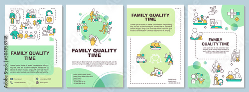 Family quality time green brochure template. Family relationship. Leaflet design with linear icons. 4 vector layouts for presentation, annual reports. Arial-Black, Myriad Pro-Regular fonts used