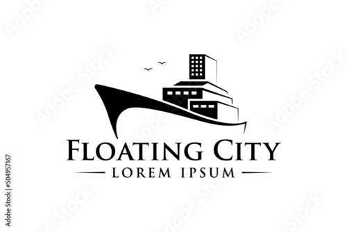 floating city silhouette logo simple design combination of ship and city