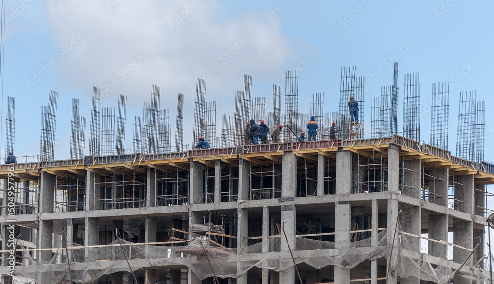 Workers are building a building on May 14, 2022 in Moscow
