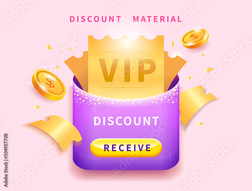 Luxury minimalist style vip coupon discount gift card with golden coins and shiny texture