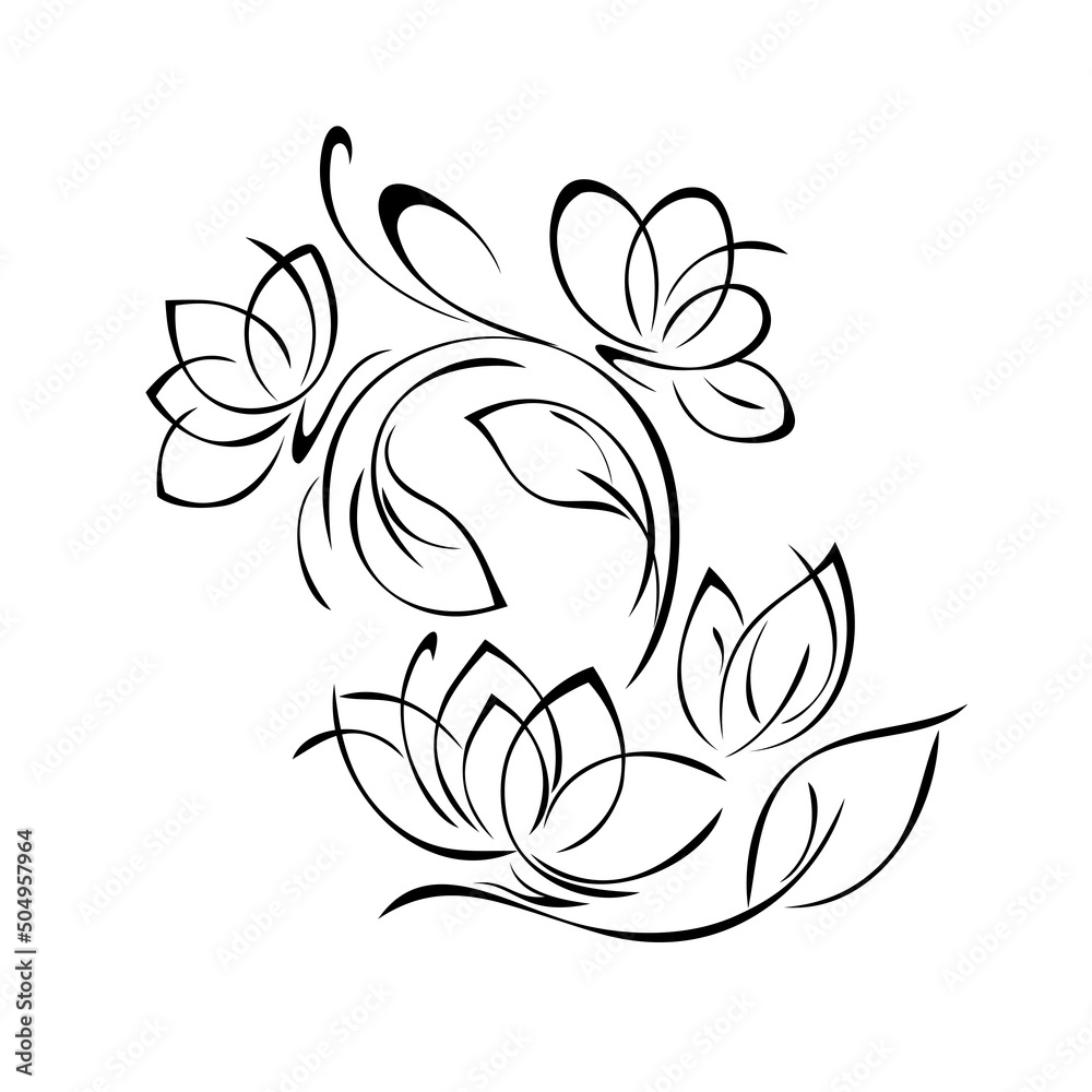 floral design with blooming flowers on stems with leaves and curls. graphic decor floral design with blooming flowers on stems with leaves and curls. graphic decor