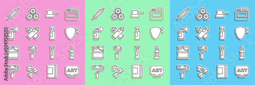 Set line Speech bubble with text art, Marker pen, Vandal, Spray can nozzle cap, Paint spray, and icon. Vector