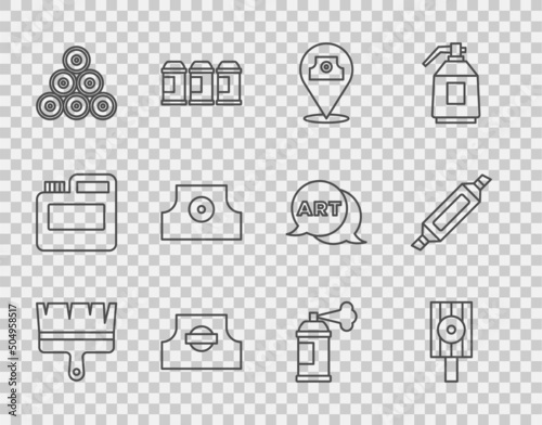 Set line Paint brush, Spray can nozzle cap, spray, and Marker pen icon. Vector