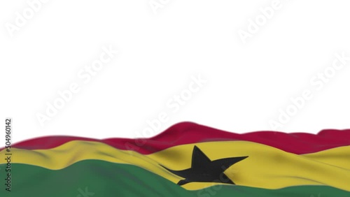 Ghana fabric flag waving on the wind loop. Ghanaian embroidery stiched cloth banner swaying on the breeze. Half-filled white background. Place for text. 20 seconds loop. 4k photo