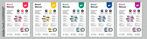 DIN A3 business brand manual templates set. Company identity brochure page with infographic for advertisement, promotion, business communication. Vector layout design for poster, cover, brochure