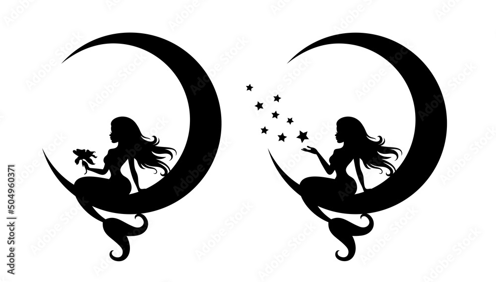 Vector illustration silhouettes of mermaids sitting on a crescent moon ...
