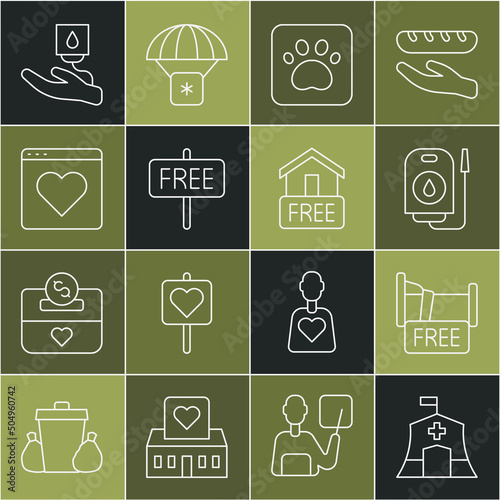 Set line Emergency medical tent, Free overnight stay house, Blood donation, Paw print, sign, Dating app online, and home delivery icon. Vector