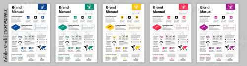 DIN A3 business brand manual templates set. Company identity brochure page with infographic for presentation. Marketing analysis and financial growth. Vector layout design for poster, cover, brochure
