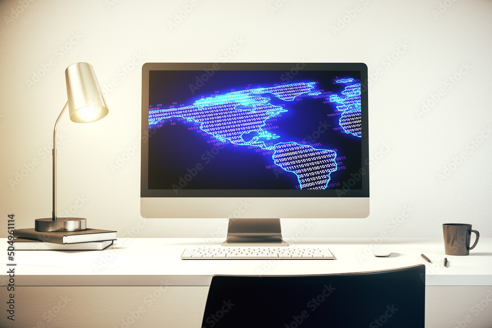 America map on modern computer monitor, big data and digital technology concept. 3D Rendering America map on modern computer monitor, big data and digital technology concept. 3D Rendering