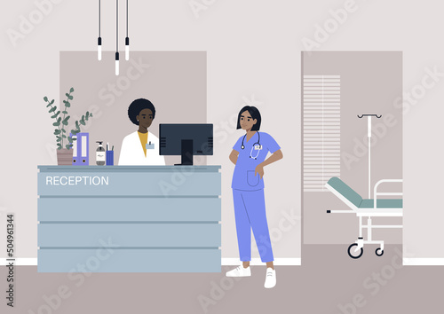 A health clinic reception, a young female Caucasian doctor wearing a uniform, healthcare and medicine