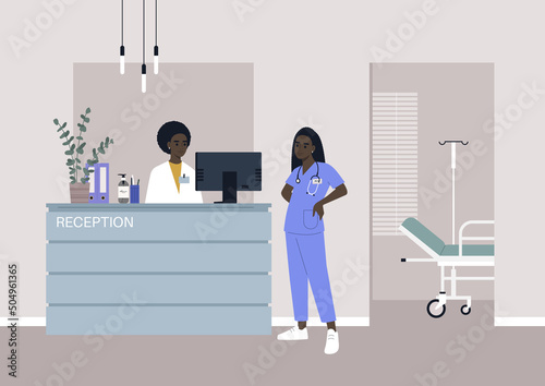 A health clinic reception, a young female African doctor wearing a uniform, healthcare and medicine