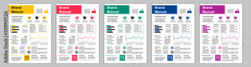 DIN A3 business brand manual templates set. Company identity brochure page. Promotion, marketing, business communication, investment and advertisement. Vector layout design for poster, cover, brochure