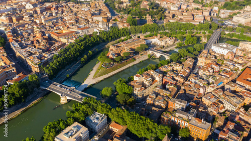 Aerial view of Tiber Island, the only river island in the part of the Tiber which runs through Rome, Italy. In the period of ancient Rome, the temple of Asclepius stood here photo