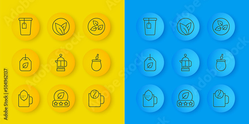 Set line Cup of tea with lemon, Tea bag leaf, French press, time, Mate, and icon. Vector