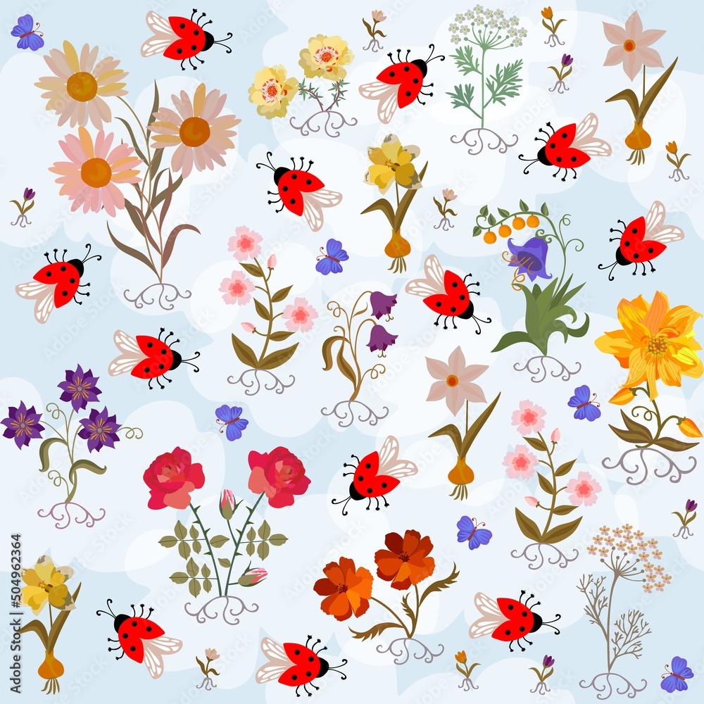 Seamless floral print for fabric with garden flowers and colorful ladybugs against a cloudy sky in vector.